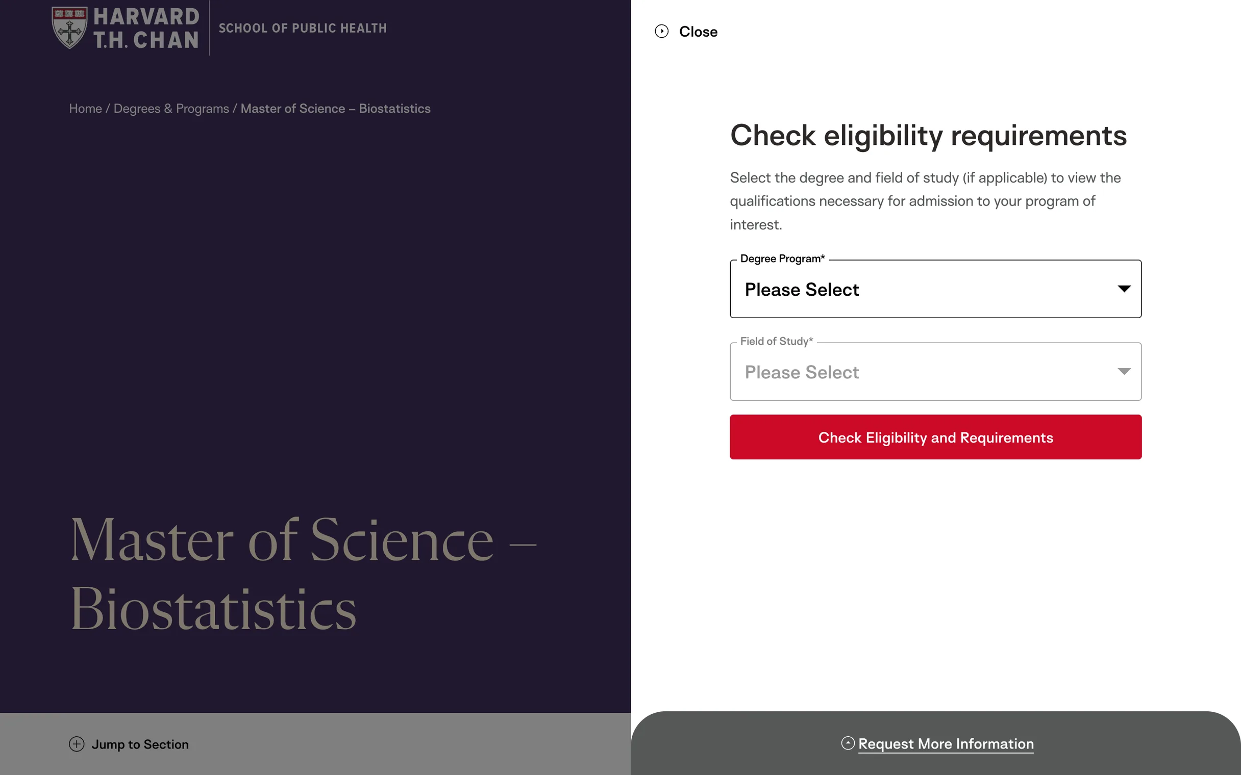 A program page with the eligibility check open: choose a degree program and field of study, then check the requirements