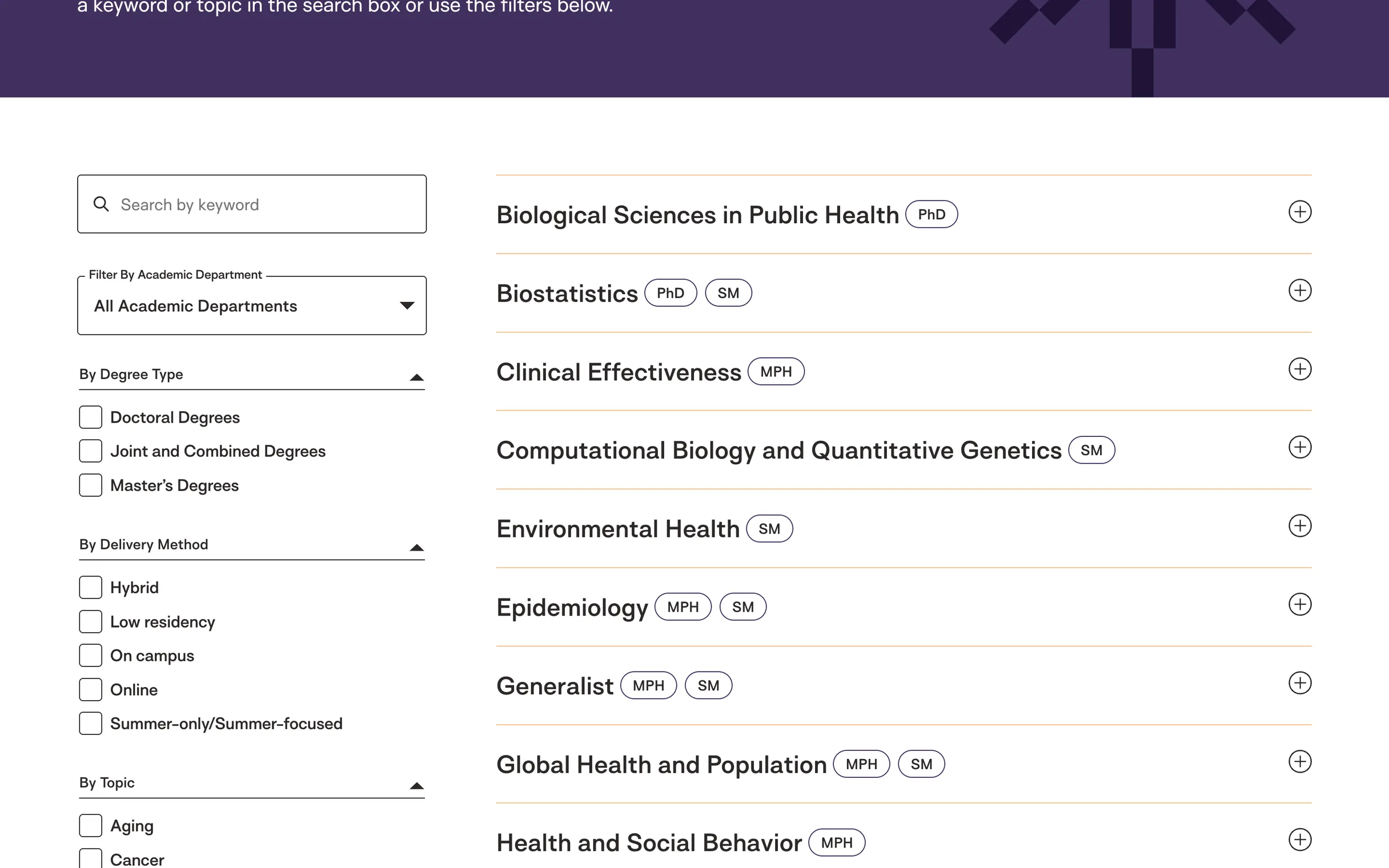 The program finder unfiltered: every field of study, from Biological Sciences down