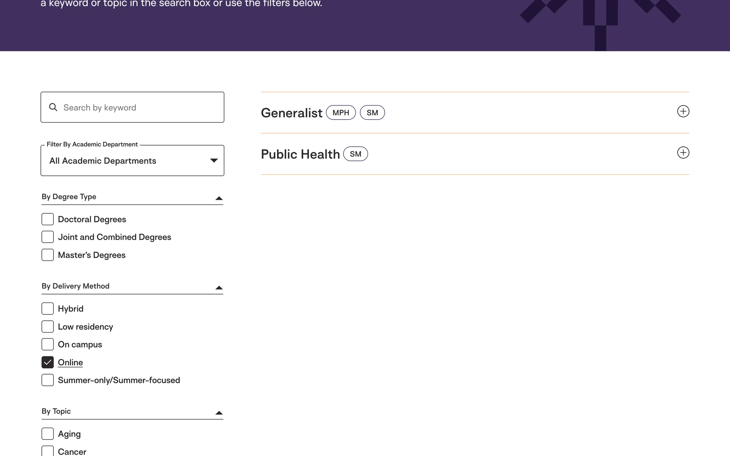 The program finder filtered to Online: two fields, Generalist and Public Health