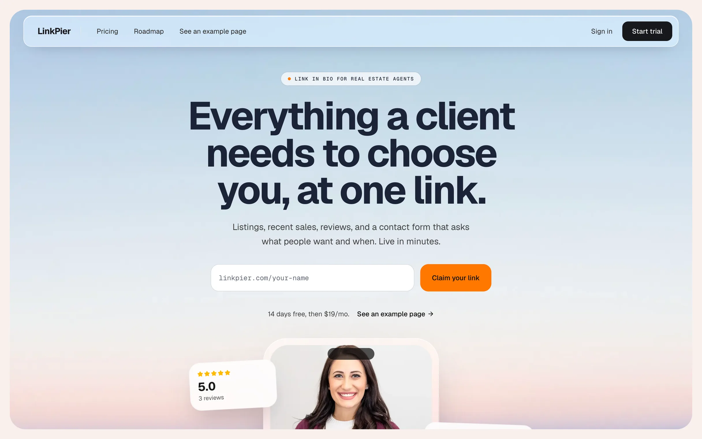 The LinkPier landing page on desktop and mobile: “Everything a client needs to choose you, at one link.”
