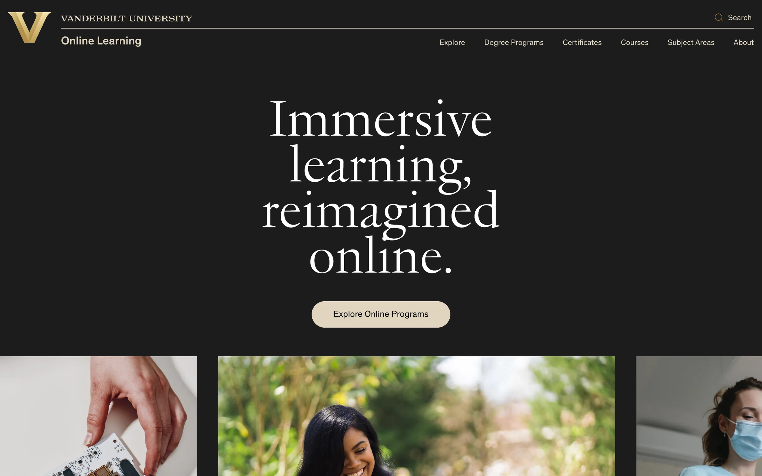 The Online Learning home page: “Immersive learning, reimagined online.” on a dark hero, above a row of photos