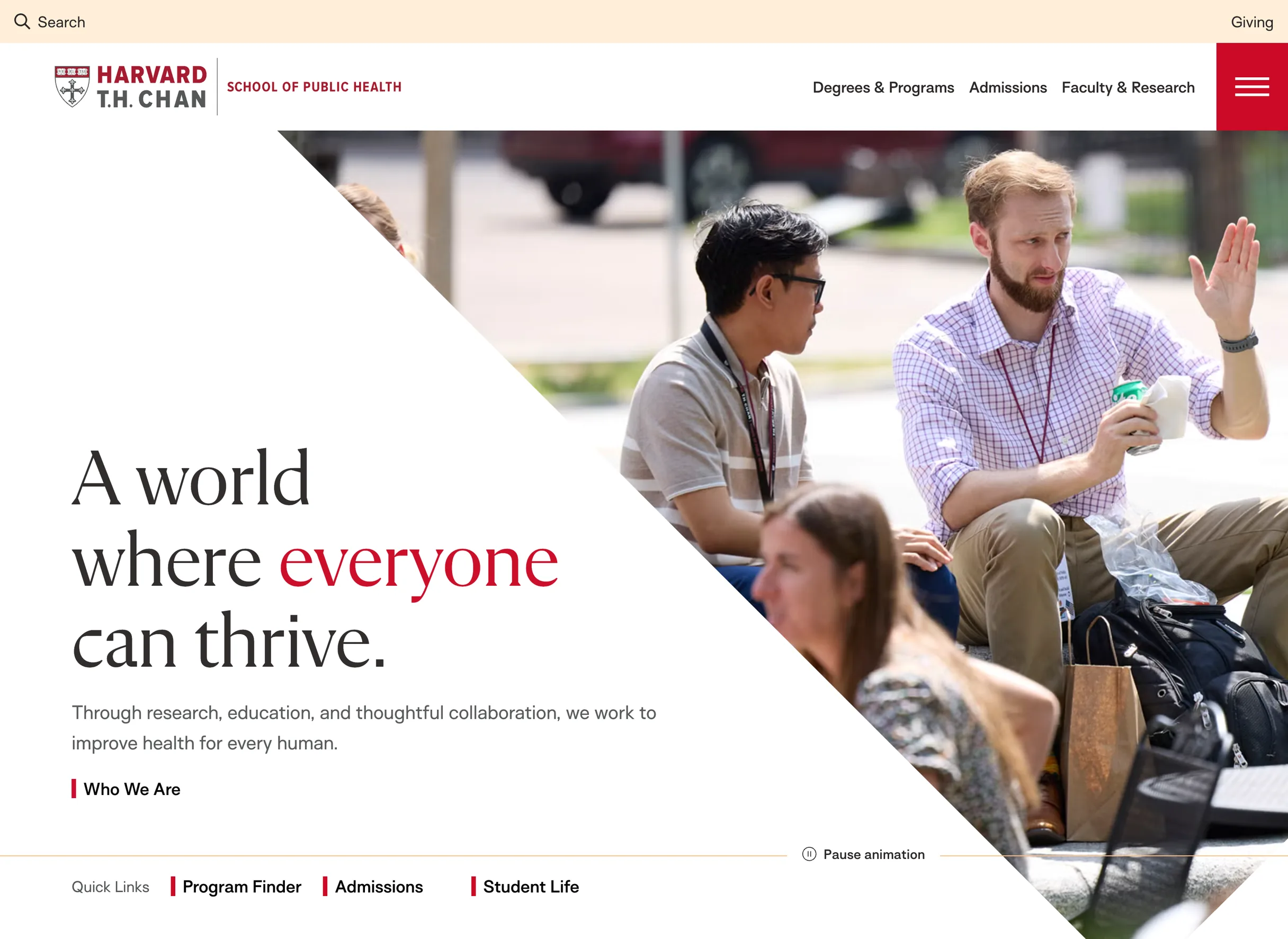 The Harvard Chan homepage: “A world where everyone can thrive.”, with Program Finder first in the quick links