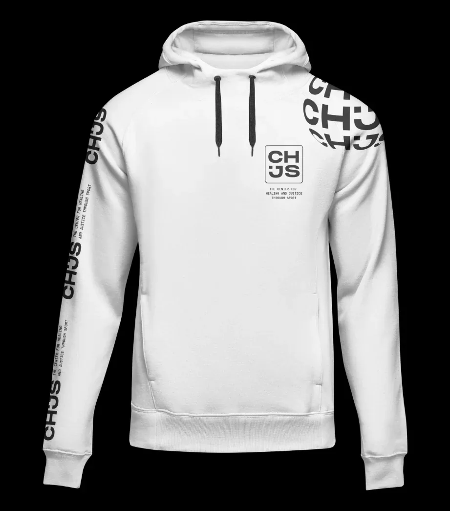 A white CHJS hoodie, the wordmark running down one sleeve and wrapped over the shoulder