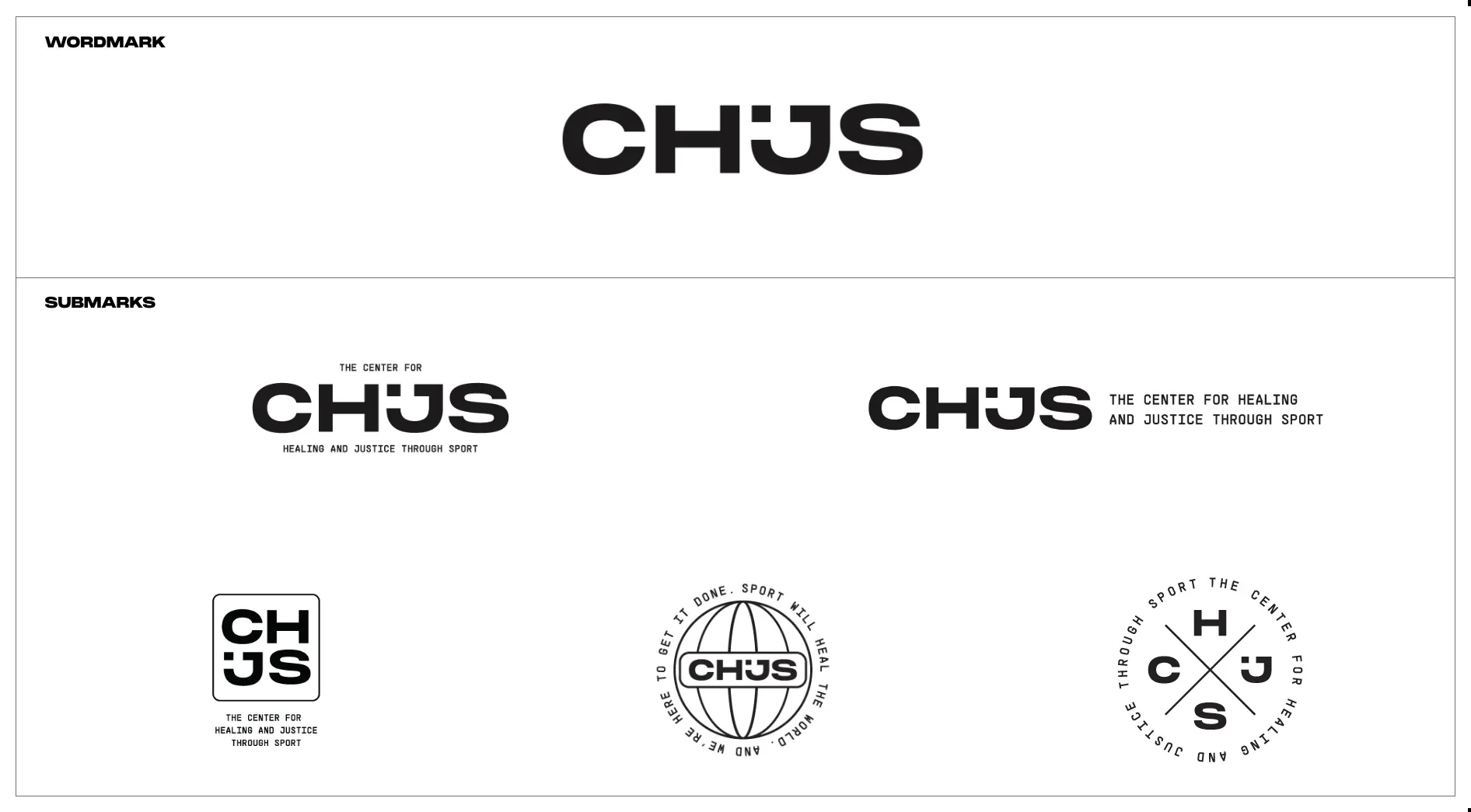 The CHJS wordmark, then its submarks: a stacked and a horizontal lockup, a monogram, a globe seal and a crossed seal