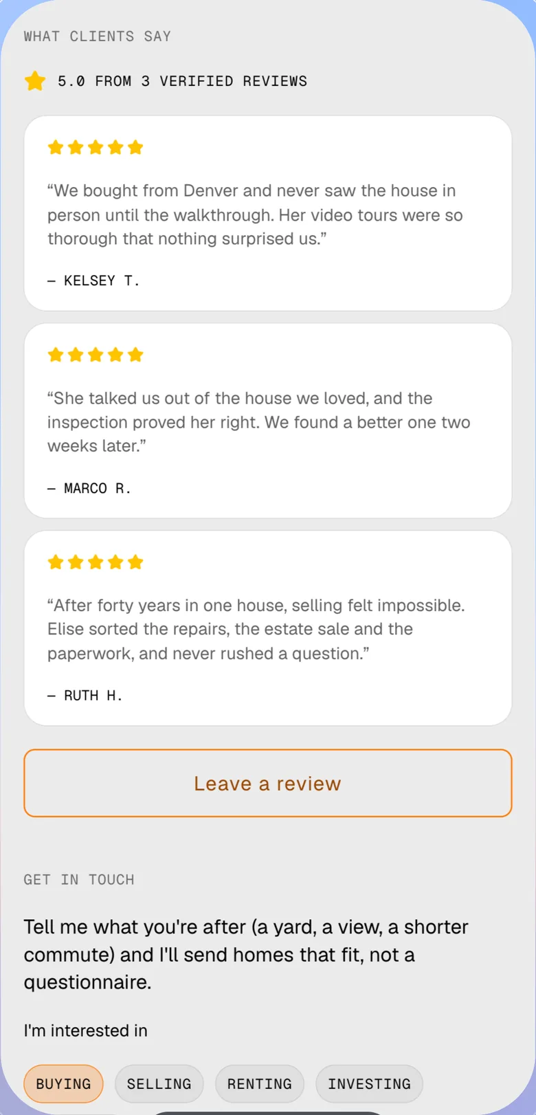 Further down her page: three approved reviews, then a form asking whether the client is buying, selling, renting or investing