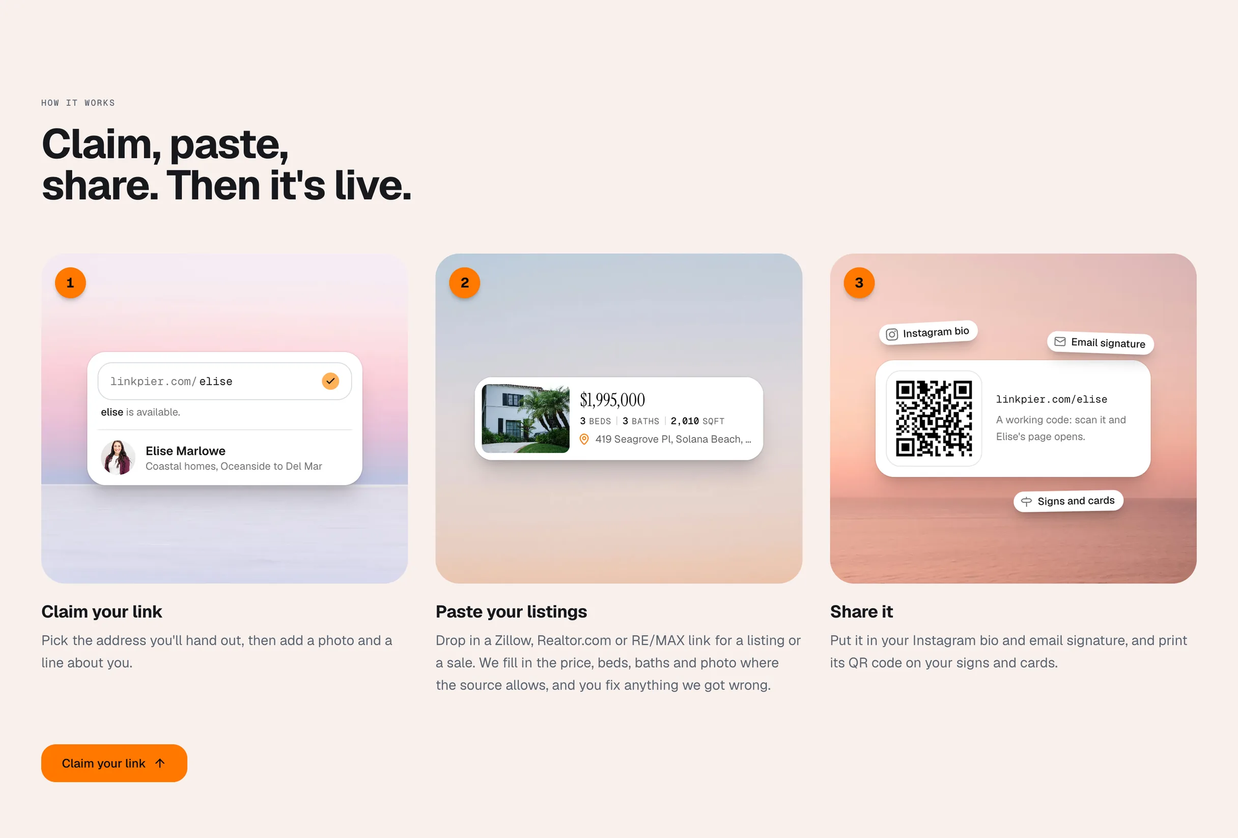 Three steps: claim linkpier.com/elise, paste a listing that fills in its price and details, and share the link or its QR code
